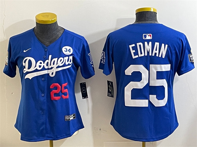 Women's Los Angeles Dodgers #25 Tommy Edman Royal 2024 World Series With No. 34 Patch Alternate Limited Stitched Baseball Jersey(Run Small) Women's Los Angeles Dodgers #25 Tommy Edman Royal 2024 World Series With No. 34 Patch Alternate Limited Stitched Baseball Jersey(Run Small)